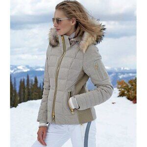 NEW $2100 Bogner Uma-D Down Puffer Jacket 12 Taupe Tan Wool Blend Insulated Hood